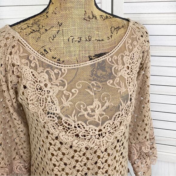 Kori Boho Cottagecore Crochet‎ Lace Hems Bell Sleeve Tunic Top Mocha Tan Small - Picture 6 of 14